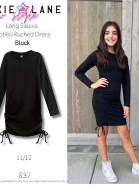 Kids Black Long-Sleeve Ribbed Ruched Dress with Side Drawstrings